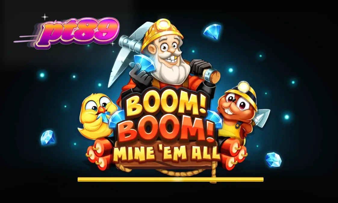 Tampilan visual slot Boom! Boom! Mine ‘Em All dengan tema pertambangan yang intens