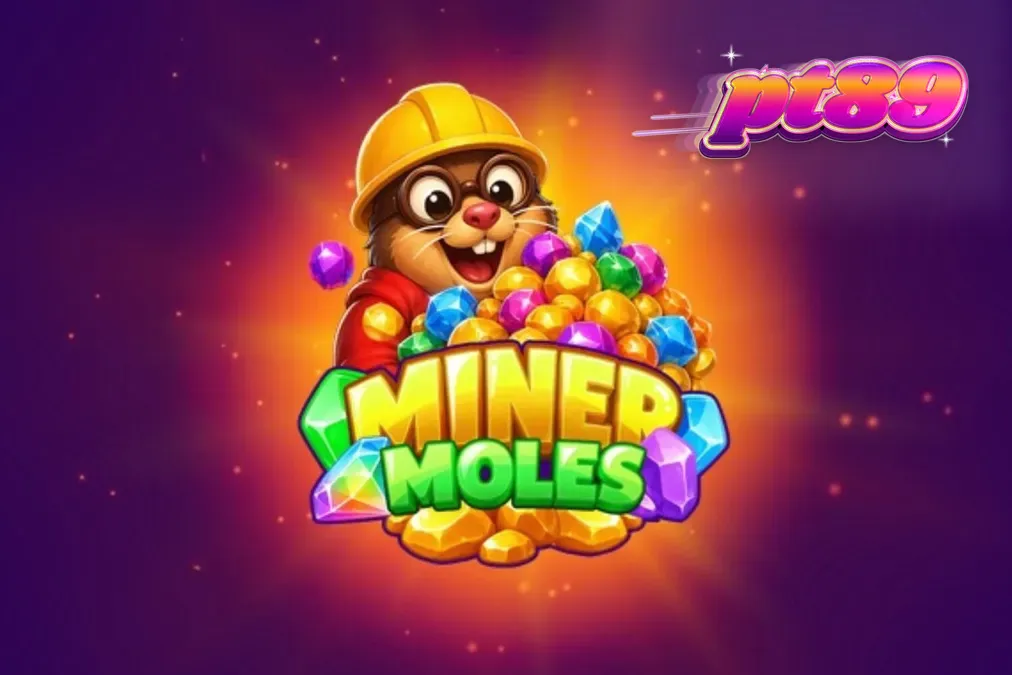 Tampilan visual slot Miner Moles dengan karakter tikus tanah dan gua kristal